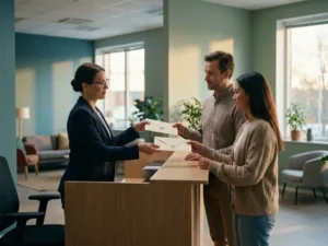 Payroll- en vaste medewerker ontvangen identieke enveloppen van HR-manager bij moderne receptiebalie in Nederlands kantoor.