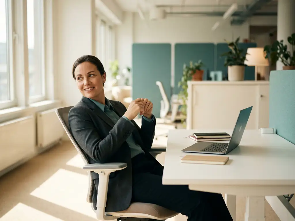 Professional ontspannen aan modern bureau in licht kantoor met grote ramen en natuurlijk daglicht.
