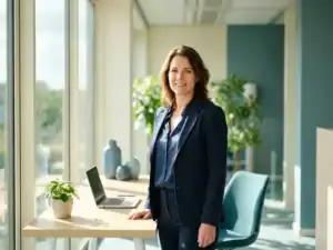 Zelfverzekerde professional in zakelijke kleding in een modern Nederlands kantoor met groot raam en minimalistische teal-blauwe inrichting.