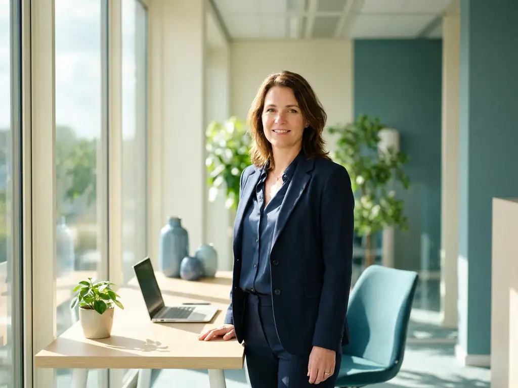 Zelfverzekerde professional in zakelijke kleding in een modern Nederlands kantoor met groot raam en minimalistische teal-blauwe inrichting.
