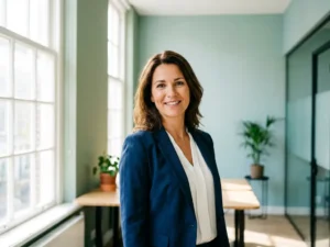 Zelfverzekerde professional in zakelijke kleding in een modern Nederlands kantoor met salie-groene muren en groot raam.