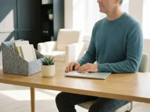 Professionele accountant aan modern bureau met laptop, bureauorganizer en succulent in rustig kantoor met natuurlijk raamlicht.