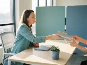 Recruiter aan modern bureau reikt georganiseerde map aan collega, symboliseert soepele delegatie in minimalistische werkruimte.