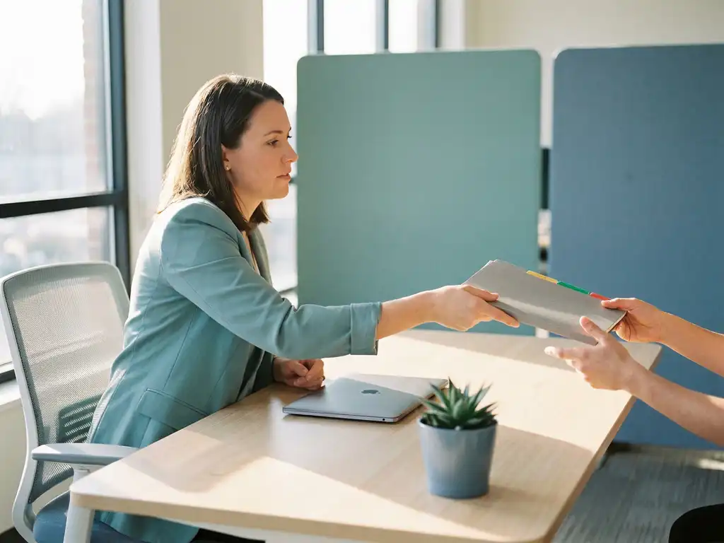 Recruiter aan modern bureau reikt georganiseerde map aan collega, symboliseert soepele delegatie in minimalistische werkruimte.