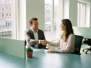 Recruiter en zakelijke klant schudden handen over modern bureau in licht Nederlands kantoor met salie-groene tinten.
