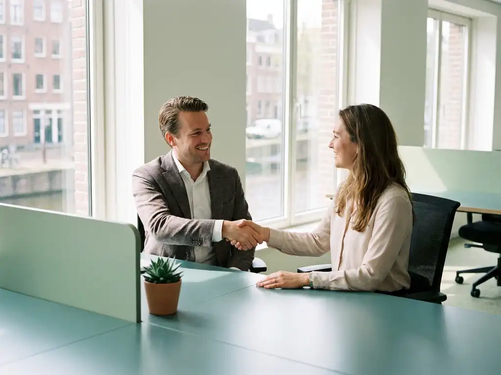 Recruiter en zakelijke klant schudden handen over modern bureau in licht Nederlands kantoor met salie-groene tinten.