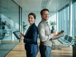 Recruiter en salarisadministrateur staan rug aan rug in een modern Nederlands kantoor met groot raam en zachte teal-blauwe tinten.