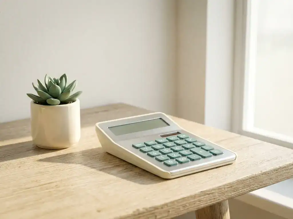 Moderne rekenmachine op een minimalistische bureau met een kleine groene plant in zacht natuurlijk licht.