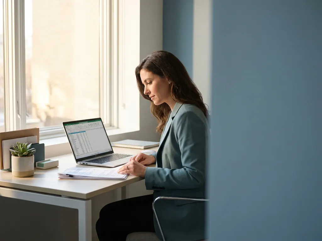 Salarisadministrateur bekijkt arbeidscontracten aan een modern bureau met laptop en vetplantje, zacht natuurlijk licht.