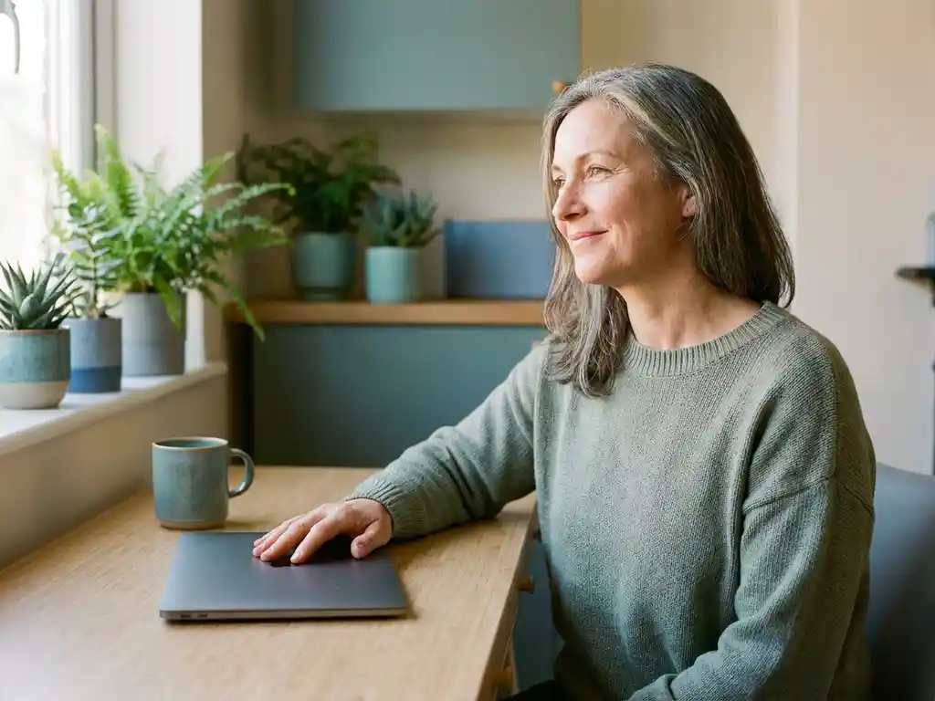 Salarisadministrateur aan modern bureau met hand op gesloten laptop, zachte natuurlijke belichting en groene planten op achtergrond.