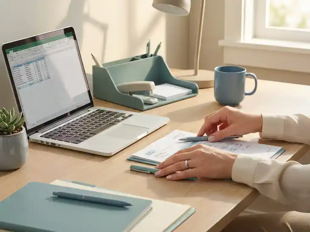 Salarisadministrateur ordent bureau met laptop, potplant en kantooraccessoires in rustige, professionele werkruimte met blauwgroene tinten.