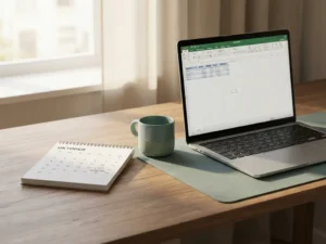 Nette werkplek van een salarisadministrateur met laptop, opengeslagen kalender en keramische mok in rustgevende groentinten.