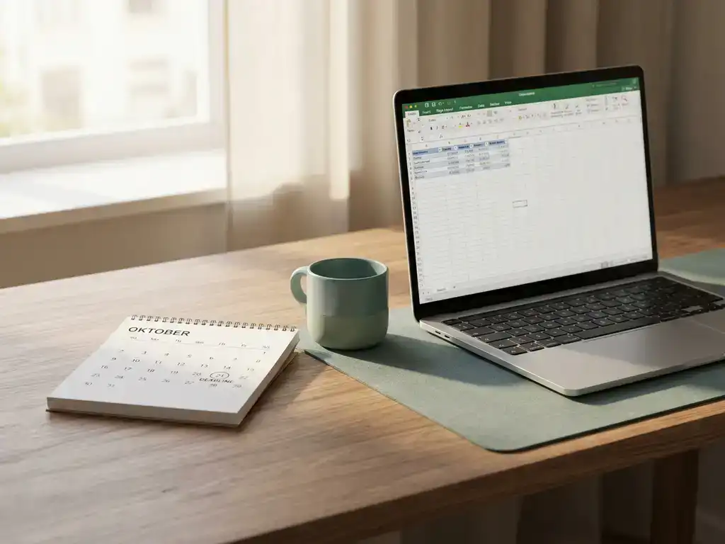 Nette werkplek van een salarisadministrateur met laptop, opengeslagen kalender en keramische mok in rustgevende groentinten.