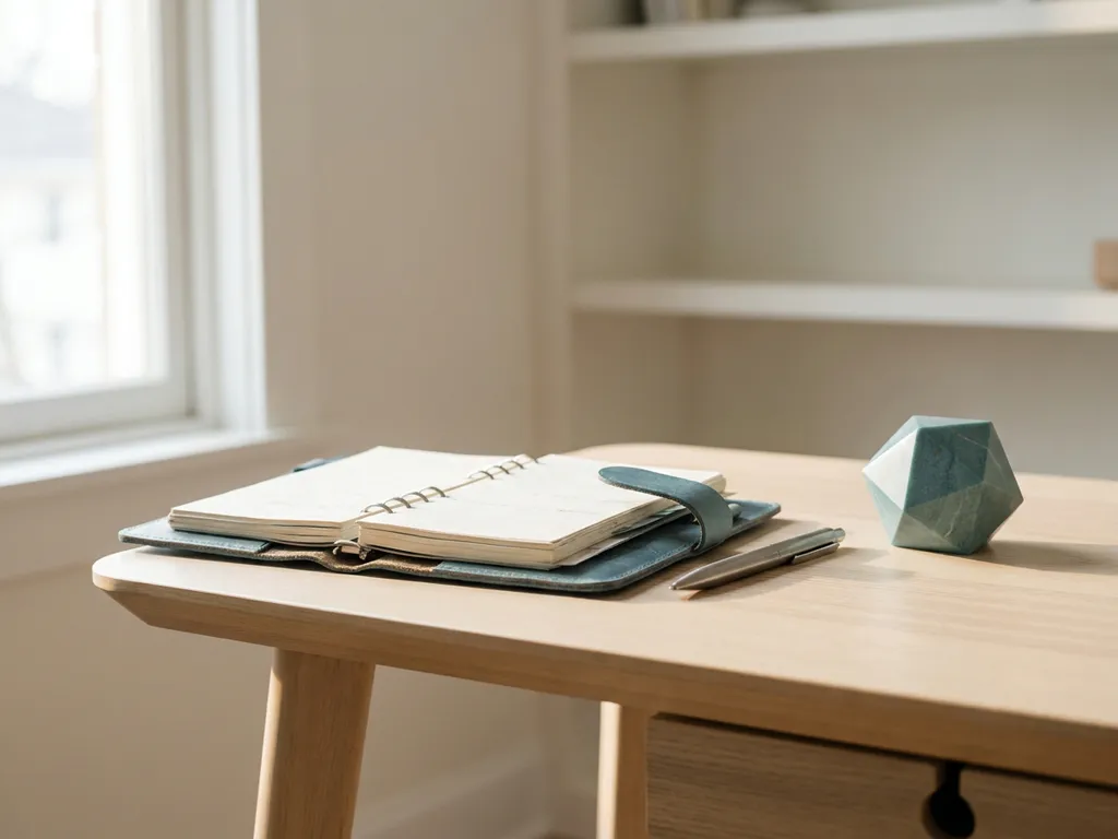 Open leren agenda op modern bureau met geometrisch sculptuur en pen, zacht ochtendlicht in tinten teal en blauw.