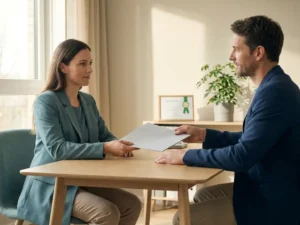 Twee professionals aan modern bureau waarbij één persoon een contract aanreikt, certificeringsbadge en plant op achtergrond, zacht tintlicht.