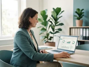 HR-manager bekijkt salarisadministratie dashboard op laptop in modern Nederlands kantoor met zachte natuurlijke belichting.