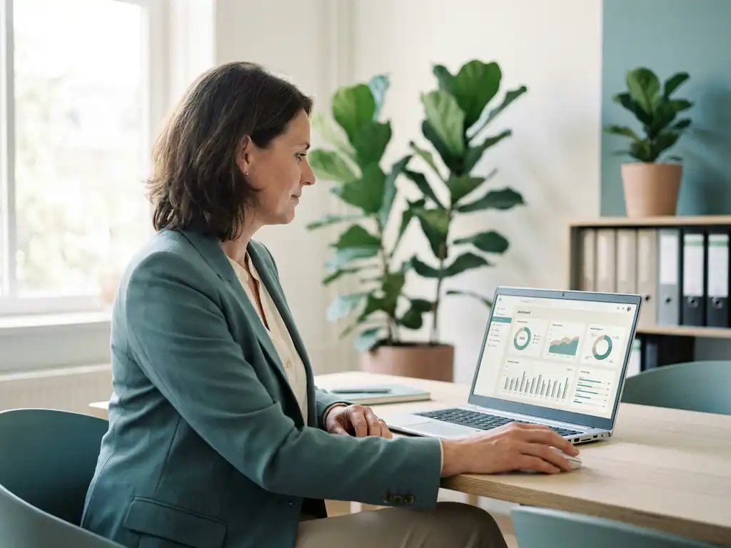 HR-manager bekijkt salarisadministratie dashboard op laptop in modern Nederlands kantoor met zachte natuurlijke belichting.