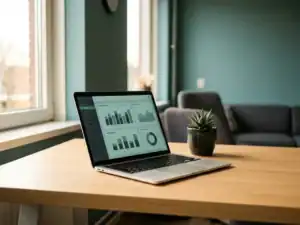 Laptop met salarisadministratie-dashboard op een minimalistisch Nederlands bureau naast een kleine vetplant, natuurlijk daglicht.