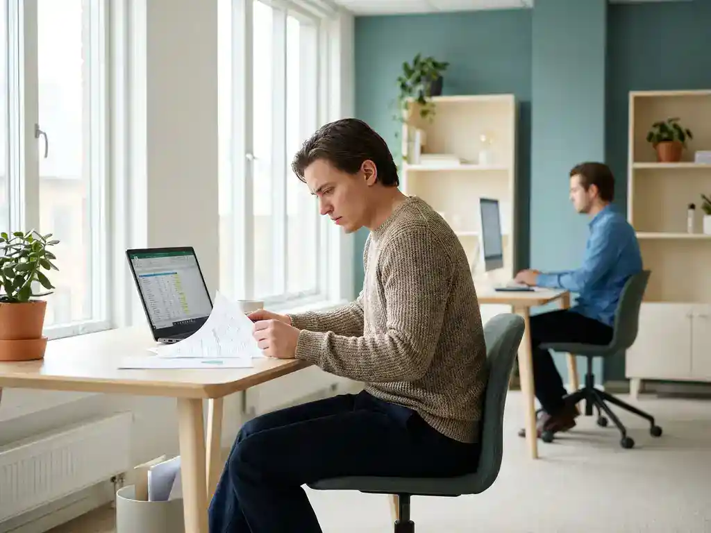 Ondernemer bekijkt loonadministratie aan modern bureau, medewerker op de achtergrond, professionele kantooromgeving met natuurlijk licht.