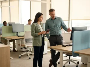 Salarismedewerker en manager in zakelijke kleding overleggen samen in een modern kantoor met natuurlijk licht.