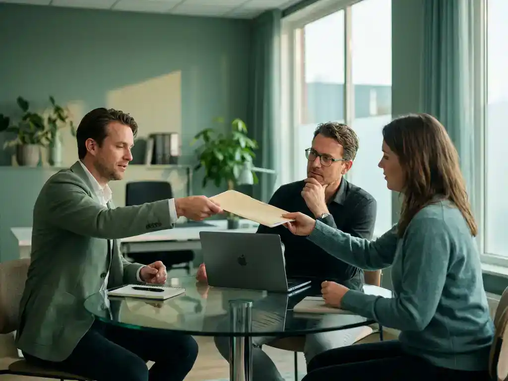 Drie professionals overleggen rond een glazen bureau in een modern Nederlands kantoor, waarbij een document wordt overhandigd.