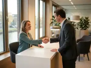 Sollicitant en HR-manager schudden handen aan modern bureau in licht kantoor met vloer-tot-plafondvensters.