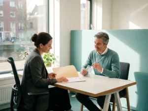HR-manager en uitzendbureau-recruiter bespreken contract en bedrijfspas aan modern bureau in licht Nederlands kantoor.