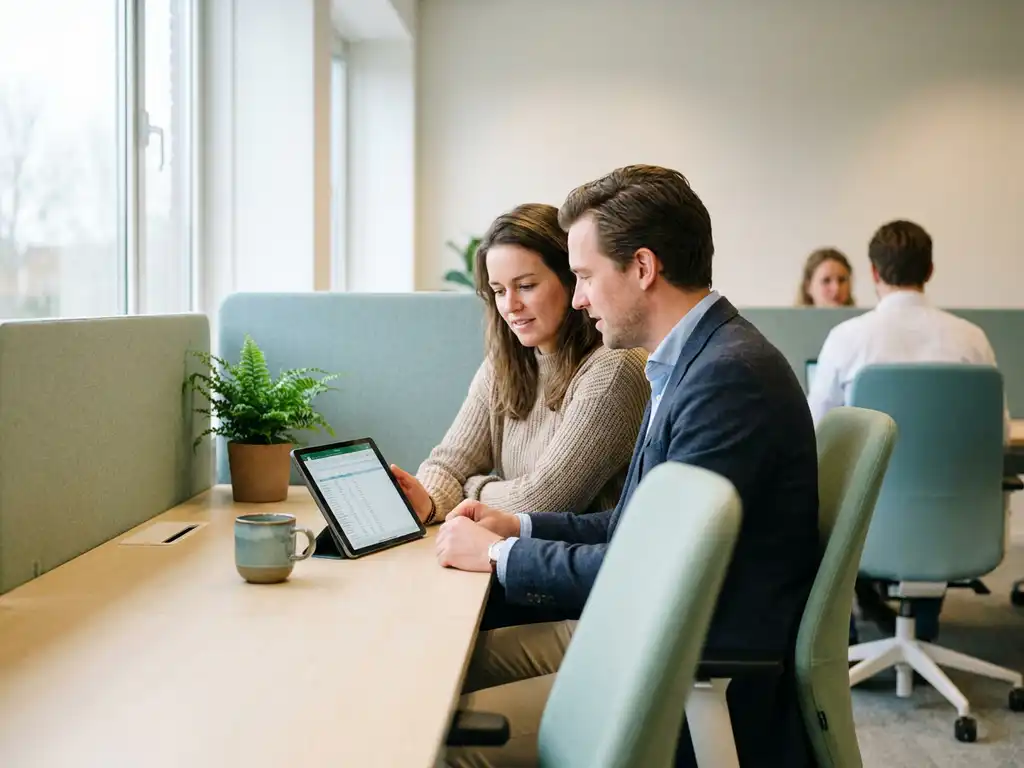 Uitzendkracht en payrollspecialist bekijken samen een tablet in een modern Nederlands kantoor met zachte groentinten.