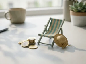 Stapel euromunten naast een miniatuur strandstoel en zonnehoed op een bureau, zacht natuurlijk licht.