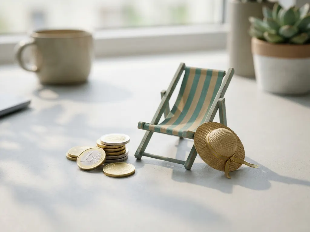 Stapel euromunten naast een miniatuur strandstoel en zonnehoed op een bureau, zacht natuurlijk licht.