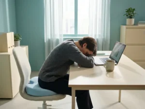 Vermoeide werknemer rustend aan minimalistisch kantoorbureau met ergonomisch kussen en dampende kop thee in Nederlands kantoor.