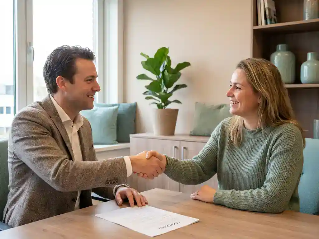 Professionele handdruk boven contractdocumenten op modern bureau in Nederlands kantoor met salie-groene accenten en natuurlijk raamlicht.