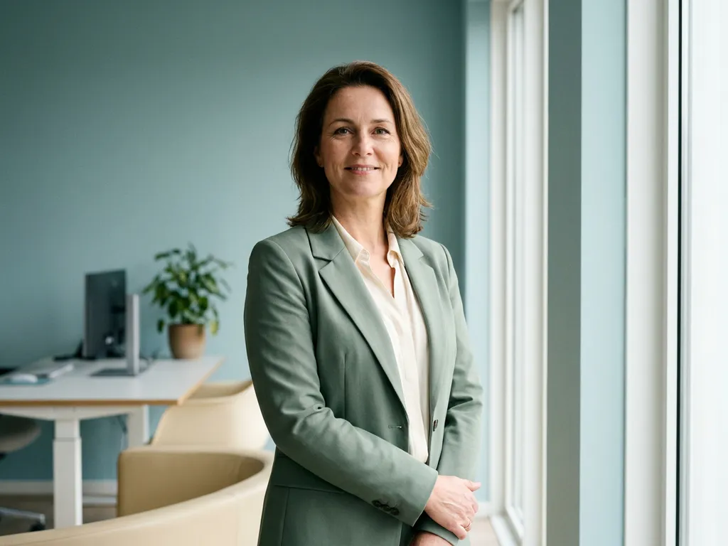 Zelfverzekerde professional in modern Nederlands kantoor met natuurlijk licht en rustgevende blauwgroene tinten.