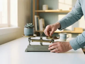 Handen die een precisieweegschaal uitbalanceren op een modern bureau, met een kleine vetplant op één schaal, zachte blauwtinten en warm zijlicht.