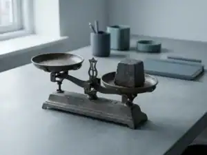 Metalen weegschaal scheefgetrokken door zwaar ijzeren blok op minimalistisch bureau in tinten blauwgroen en houtskool.