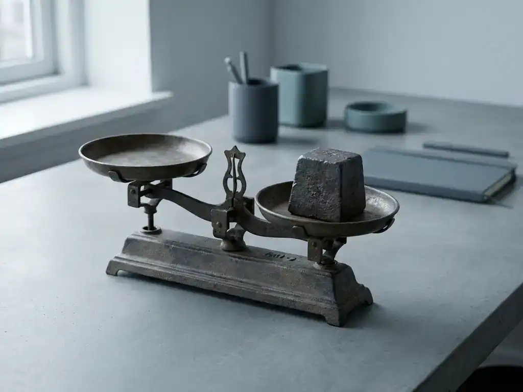 Metalen weegschaal scheefgetrokken door zwaar ijzeren blok op minimalistisch bureau in tinten blauwgroen en houtskool.