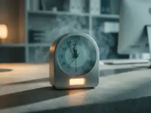 Alarmwekker op modern bureau met dramatische zijverlichting, koele teal tinten en warme amber accenten.
