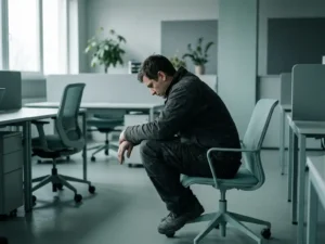 Werknemer zit peinzend op de rand van een moderne bureaustoel in een stille, lichtgrijsgroene kantoorruimte.