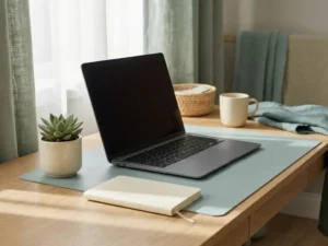Laptop en vetplantje op een minimalistisch bureau in zachte tealkleuren, verlicht door natuurlijk raamlicht.