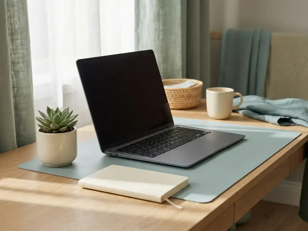 Laptop en vetplantje op een minimalistisch bureau in zachte tealkleuren, verlicht door natuurlijk raamlicht.