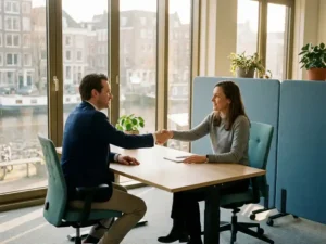 Twee professionals schudden handen over een modern bureau in een licht Nederlands kantoor met vloer-tot-plafondvensters.