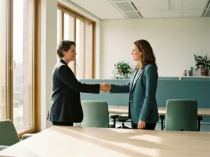 Handdruk tussen twee professionals in een modern Nederlands kantoor met warm natuurlijk licht en rustgevende teintgroen tinten.