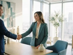 Professional in maatpak geeft hand aan collega aan modern bureau, met natuurlijk licht en een zakelijke sfeer.