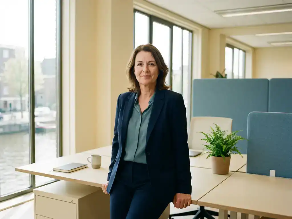 Zelfverzekerde ondernemer in een licht modern Nederlands kantoor met grote ramen en een groen bureauplantsje.