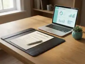 Eiken bureau met arbeidscontract, pen en laptop met salarisoverzicht, groen plantje ernaast, turquoise tinten en zacht natuurlijk licht.