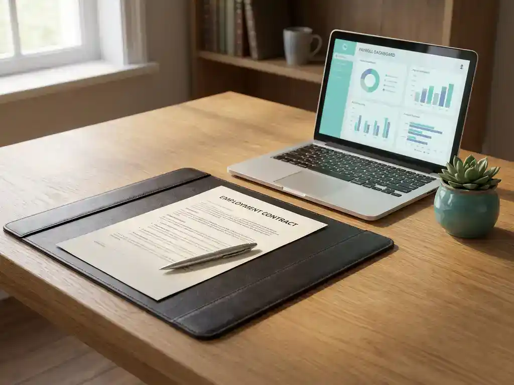 Eiken bureau met arbeidscontract, pen en laptop met salarisoverzicht, groen plantje ernaast, turquoise tinten en zacht natuurlijk licht.