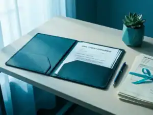 Open arbeidscontract op modern bureau met pen, loonstroken en een succulent in teal tinten.