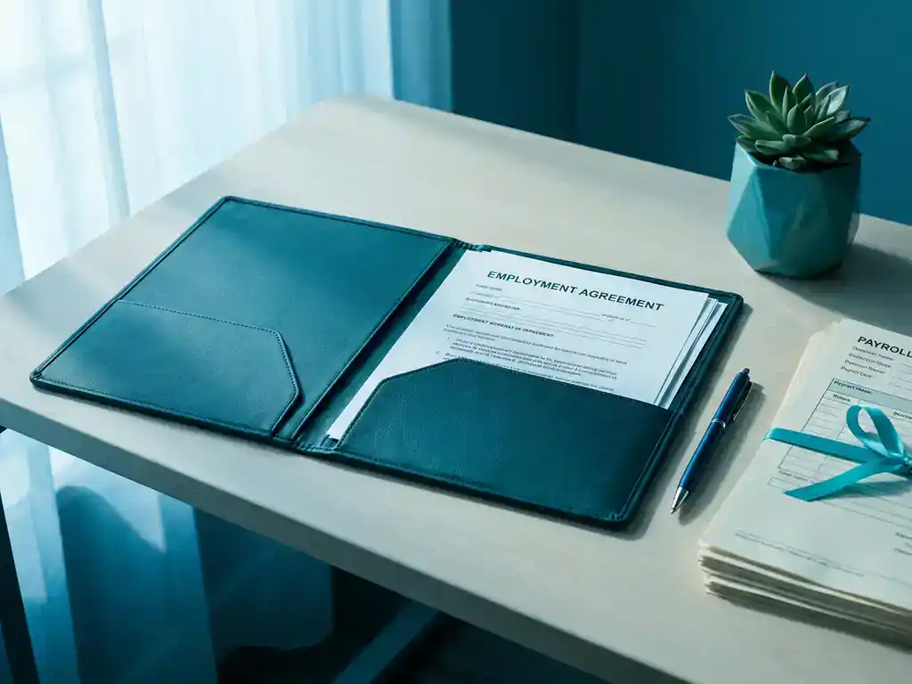 Open arbeidscontract op modern bureau met pen, loonstroken en een succulent in teal tinten.