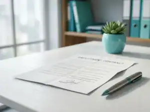 Ondertekend arbeidscontract op modern bureau naast een pen, met een wazig potplantje op de achtergrond in een professionele HR-omgeving.