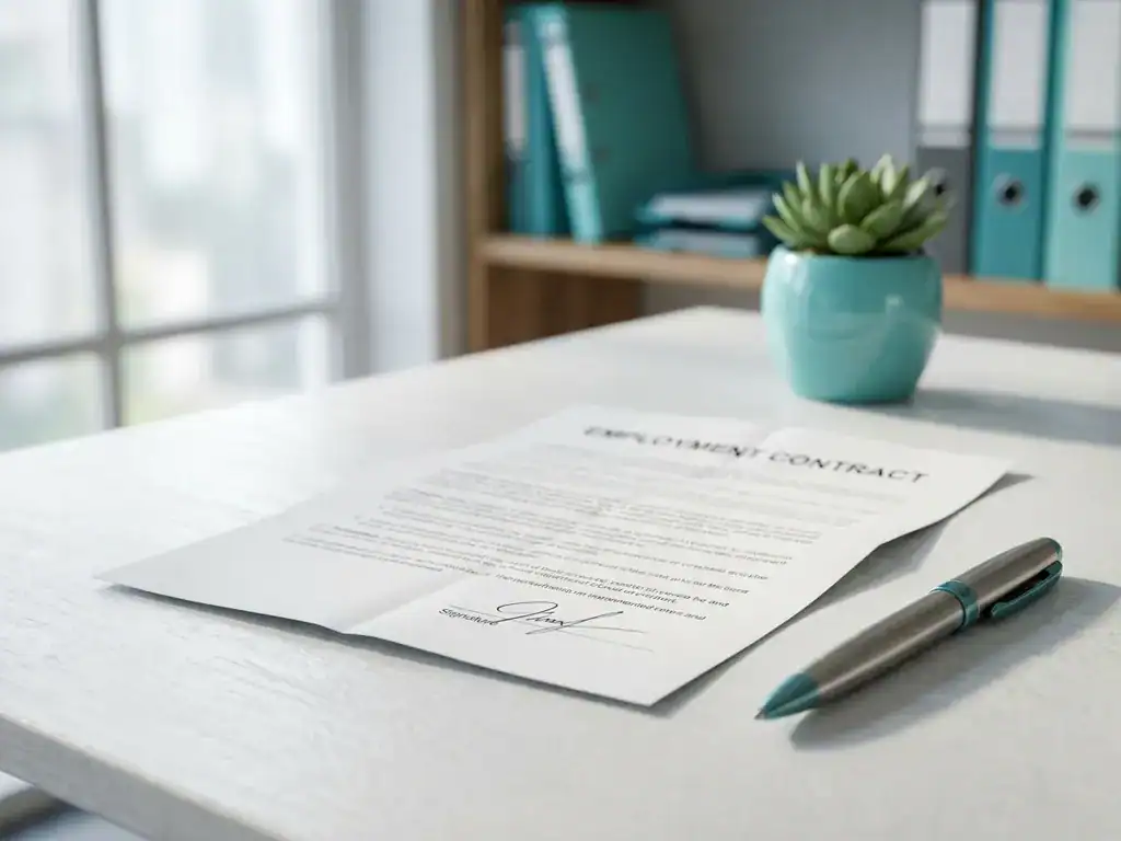 Ondertekend arbeidscontract op modern bureau naast een pen, met een wazig potplantje op de achtergrond in een professionele HR-omgeving.